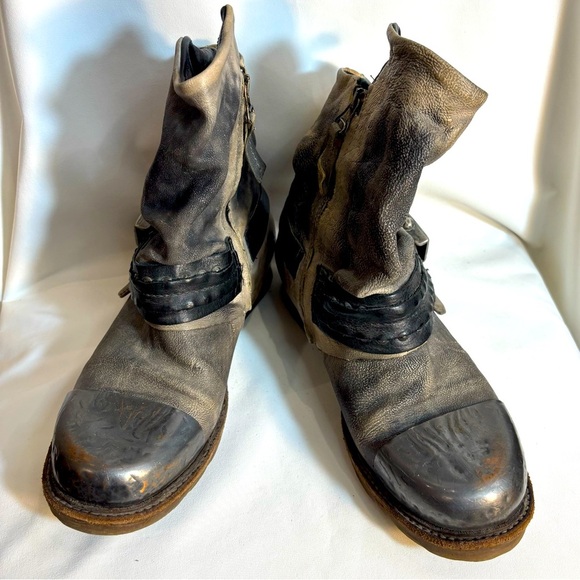 AS 98 Sz 38 Metal Toe Distressed Leather Moto Style Zip Up Buckles Boots - Picture 1 of 16